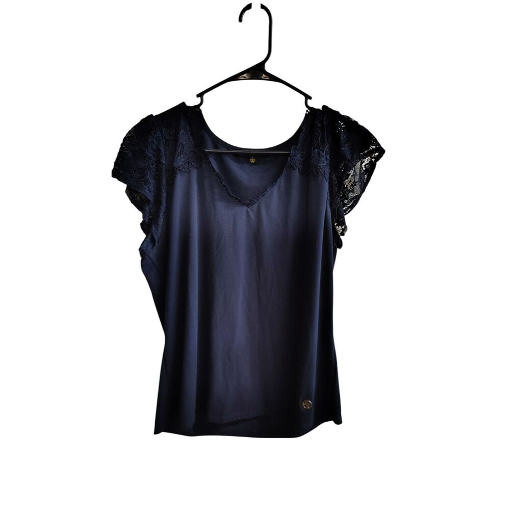 Adrienne Vittadini Navy Short Contrast Lace Sleeve with Lace Trim Top